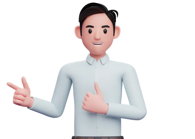 Businessman pointing finger left side and showing thumbs up  3D Illustration