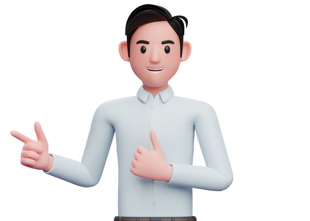 Businessman pointing finger left side and showing thumbs up 3D Illustration