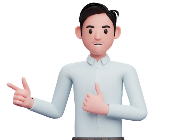 Businessman pointing finger left side and showing thumbs up 3D Illustration