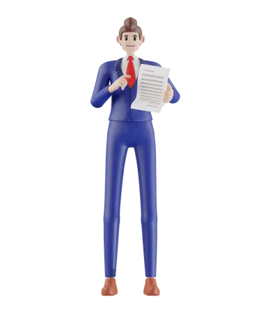 Businessman Pointing Finger To Document Paper 3 D Illustration Of Cute Cartoon Smiling Isolated On White Background 3D Illustration