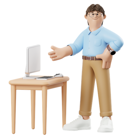 모니터를 향해 손을 가리키는 사업가  3D Illustration
