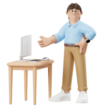 모니터를 향해 손을 가리키는 사업가  3D Illustration