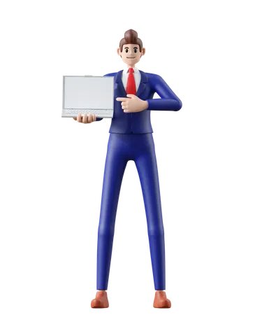 Businessman Pointing On Laptop And Presenting 3 D Illustration Of Cute Cartoon Smiling Isolated On White Background 3D Illustration