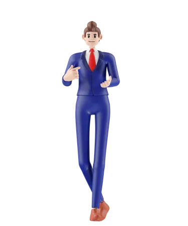 Businessman Pointing And Presenting 3 D Illustration Of Cute Cartoon Smiling Isolated On White Background 3D Illustration