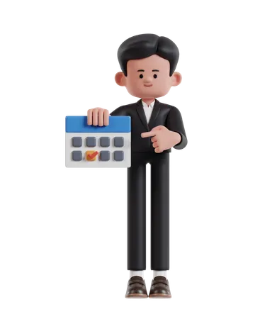 3 D Illustration Of Cartoon Businessman Pointing To Deadline Date On Calendar 3D Illustration