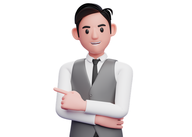 Businessman pointing to the left and hand crossed on chest  3D Illustration