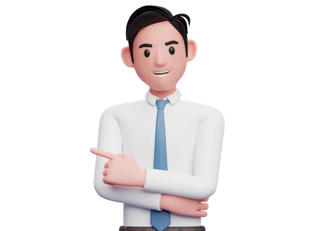 Businessman pointing to the left and hand crossed on chest  3D Illustration