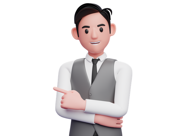 Businessman pointing to the left and hand crossed on chest 3D Illustration