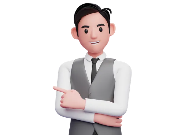 Businessman pointing to the left and hand crossed on chest 3D Illustration