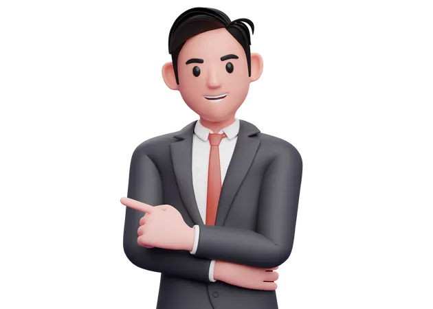 Businessman pointing to the left and hand crossed on waist  3D Illustration