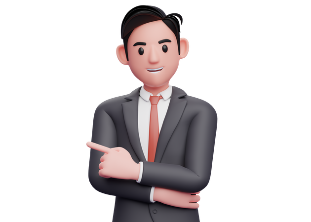 Businessman pointing to the left and hand crossed on waist 3D Illustration