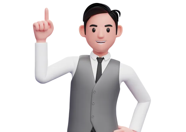 Portrait Of A Businessman In Gray Vest Suit Pointing Up With Index Finger 3 D Illustration Of A Businessman Raising Finger 3D Illustration