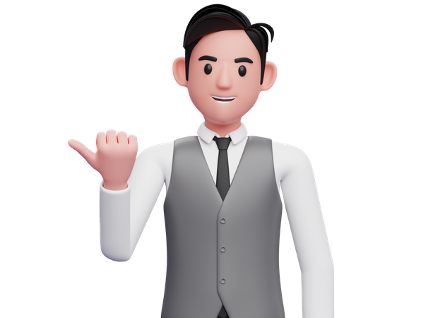 Businessman pointing with thumb aside looking at the camera  3D Illustration