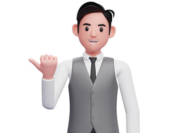 Businessman pointing with thumb aside looking at the camera 3D Illustration