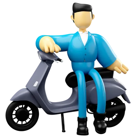 Businessman Posing On Grey Scooter 3D Illustration