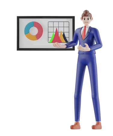 Businessman presenting dashboard and interacting with graphs  3D Illustration