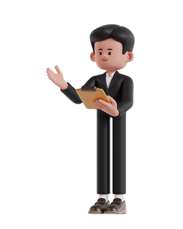 Businessman Presenting While Holding Clipboard  3D Illustration