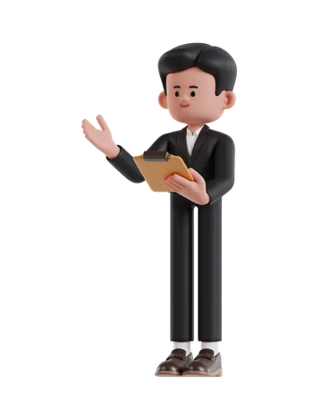 3 D Illustration Of Cartoon Businessman Presenting While Holding Clipboard 3D Illustration