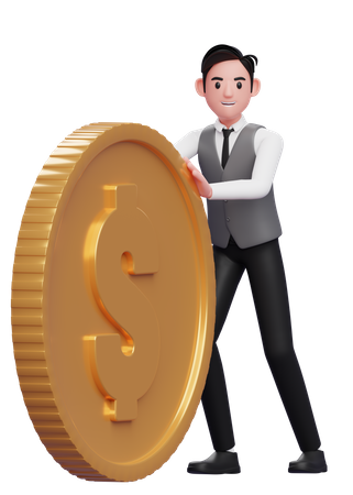 Businessman pushing big gold dollar coin  3D Illustration