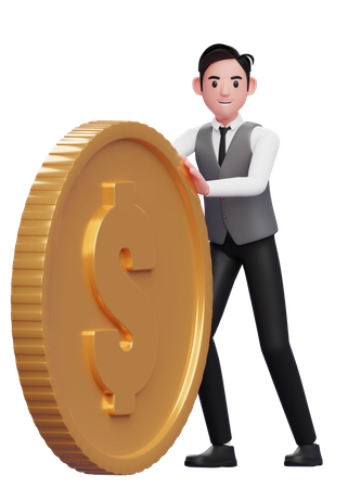 Businessman pushing big gold dollar coin  3D Illustration