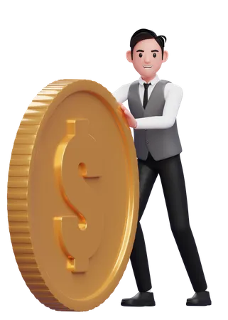 Businessman In Grey Vest Send Big Coins By Pushing 3 D Illustration Of A Businessman In Grey Vest Holding Dollar Coin 3D Illustration