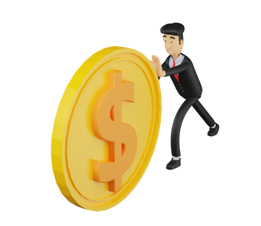 Businessman pushing coin  3D Illustration