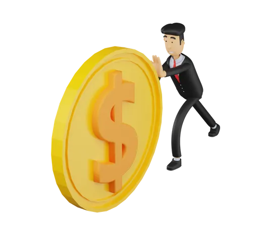 3 D Bussiness Man Character Leaning On Dollar Coins 3D Illustration