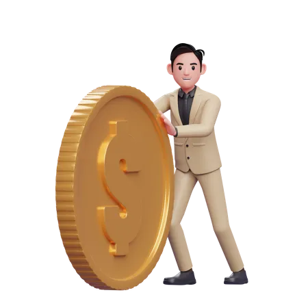 Businessman Pushing Coins Rolling 3 D Render Character Illustration 3D Illustration