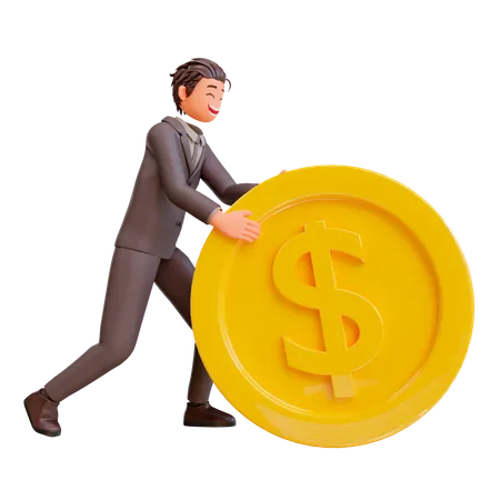 Businessman pushing dollar coin  3D Illustration
