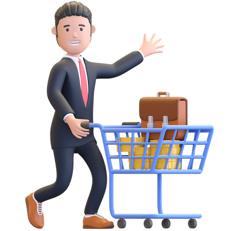 Businessman pushing shopping chart 3D Illustration