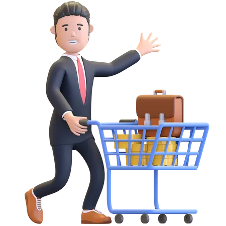 Businessman Pushing Shopping Chart Character 3 D Illustration 3D Illustration