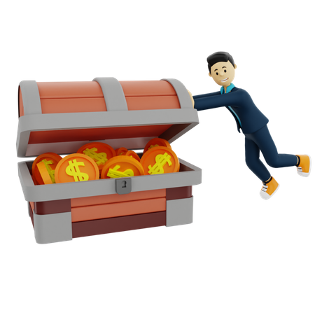 Businessman pushing treasure box  3D Illustration