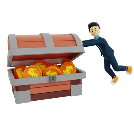 Businessman pushing treasure box  3D Illustration