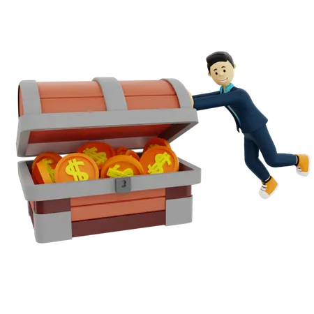 Businessman pushing treasure box 3D Illustration