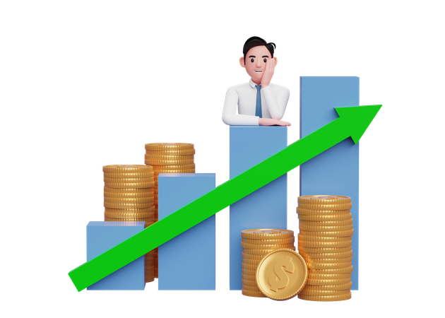 Businessman putting her chin in hand while leaning on bar chart Stock growth with up graph statistics arrow  3D Illustration