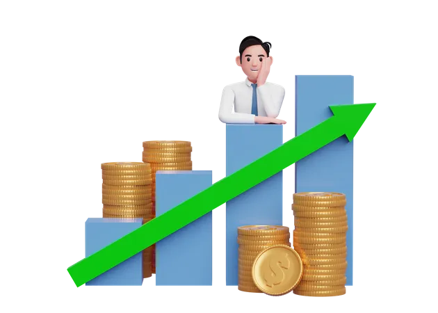 Businessman putting her chin in hand while leaning on bar chart Stock growth with up graph statistics arrow  3D Illustration