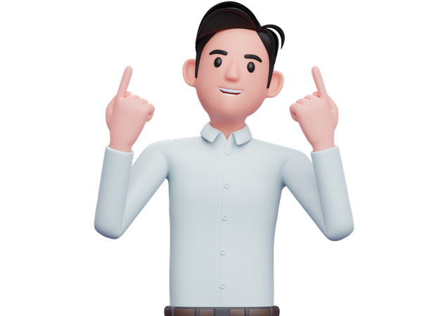 Businessman raises both index fingers and looks up 3D Illustration