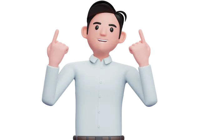 Businessman In Blue Shirt Raises Both Index Fingers And Looks Up 3 D Illustration Of A Businessman In A Blue Shirt Pointing Up 3D Illustration