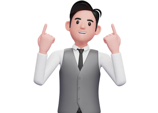 Businessman In Gray Vest Suit Raises Both Index Fingers And Looks Up 3 D Illustration Of A Businessman Pointing Up Being Grateful 3D Illustration