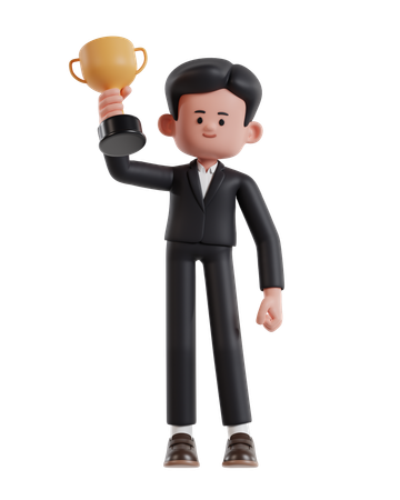 Businessman Raises Trophy With Right Hand  3D Illustration