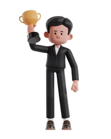 3 D Illustration Of Cartoon Businessman Raises Trophy With Right Hand 3D Illustration