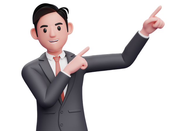 Businessman raising both hands pointing to the top right corner  3D Illustration