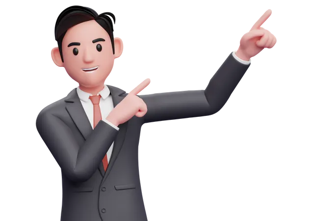 Businessman raising both hands pointing to the top right corner  3D Illustration