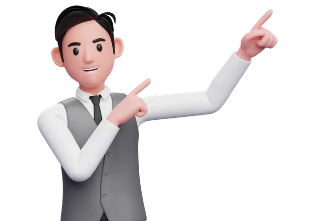 Businessman raising both hands pointing to the top right corner  3D Illustration