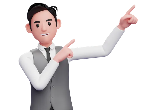 Businessman raising both hands pointing to the top right corner 3D Illustration
