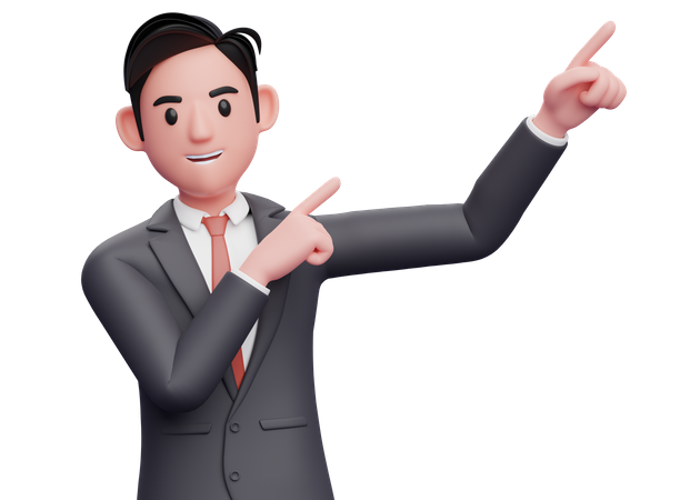Businessman raising both hands pointing to the top right corner 3D Illustration