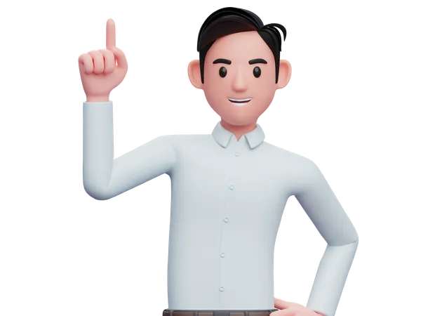 Portrait Of A Businessman In A Blue Shirt Pointing Up With Index Finger 3 D Illustration Of A Businessman In A Blue Shirt Pointing 3D Illustration