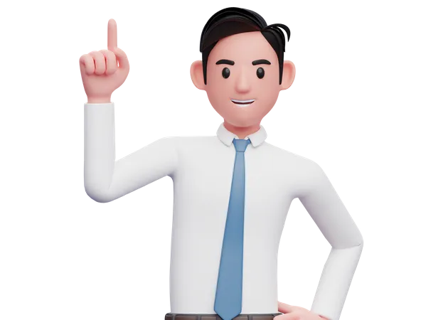 Portrait Of A Businessman In A White Shirt Blue Tie Pointing Up With Index Finger 3 D Illustration Of A Businessman Raising Finger 3D Illustration
