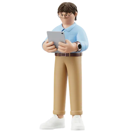 Businessman Read Seriously Note On Tablet 3D Illustration