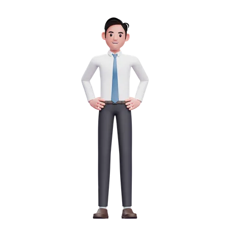 Businessman Ready Pose Hand On Waist 3 D Businessman Wearing Long Shirt And Blue Tie 3D Illustration